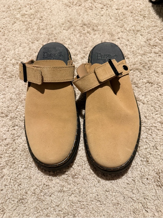 Dr. Martens Shoes - Dr. Martens Carlson - Tan Suede Clogs with Adjustable Strap